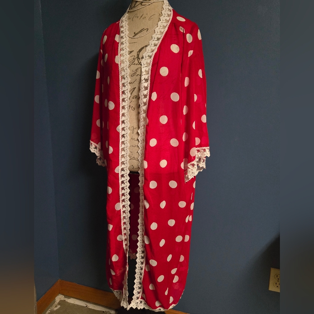Lularoe-Red Large White Polka Dot Kimono with Lace Trim- Sz LG